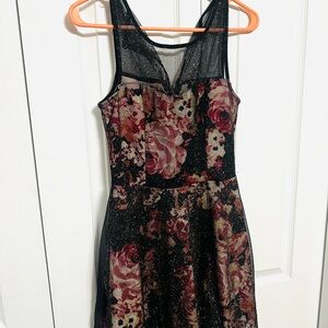 Trixxi Black Floral Mesh Mini Dress with Burgundy Roses and Sparkle Overlay